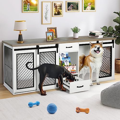 Large Dog Crate, Dog Crates for Medium Dogs, 47.2" Dog Kennel Indoor with Drawers, Feeder Bowls and Storage, 2 Sliding Doors