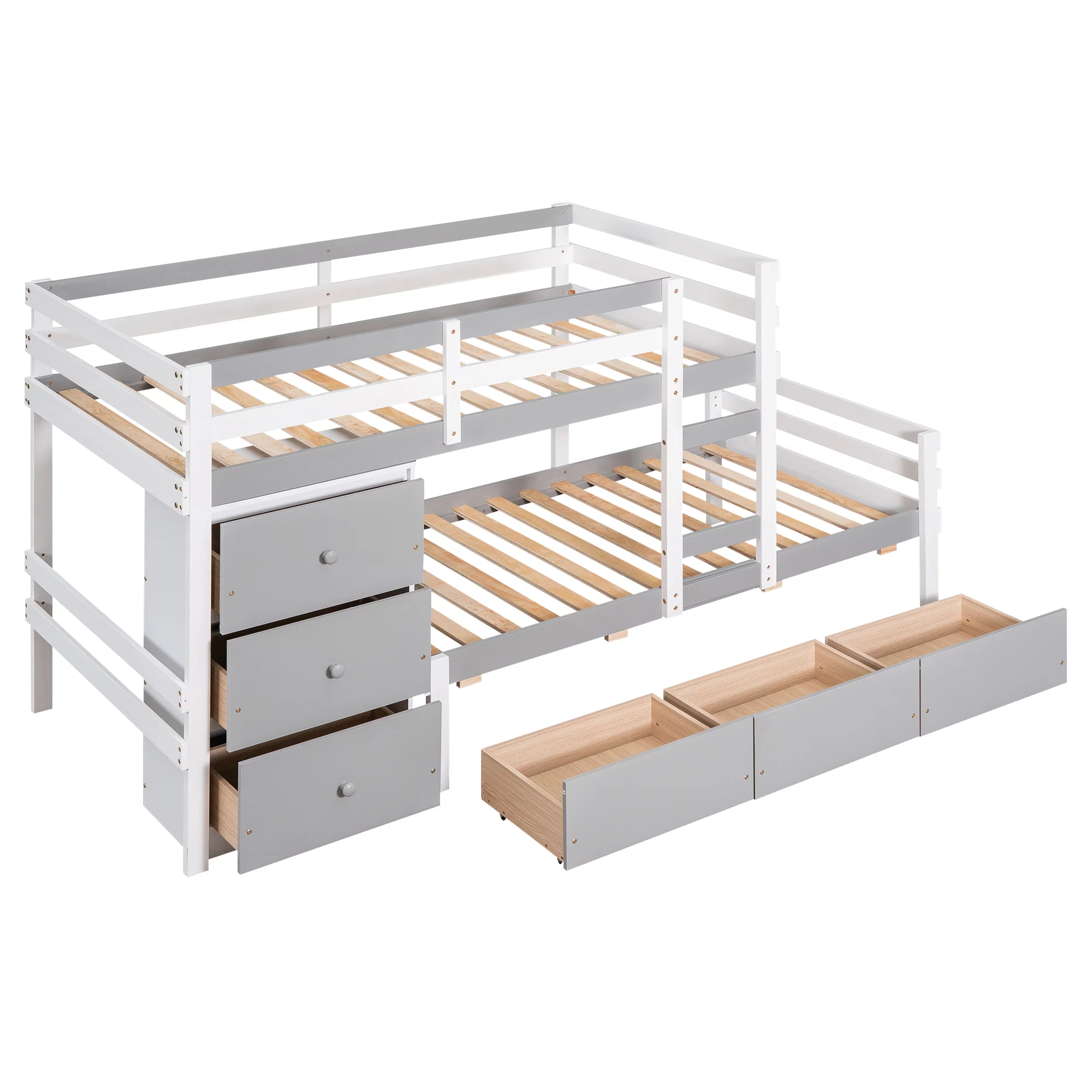 Euroco Twin over Twin Bunk Bed with Six Drawers for Kids Room, Gray