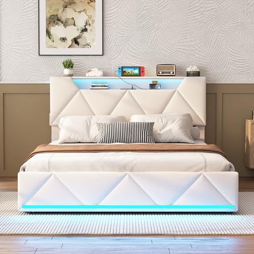 Vabches Queen Bed Frame with Storage Headboard and 4 Drawers,Upholstered Platform with Charging Station and Led Lights,Adjustable Headboard
