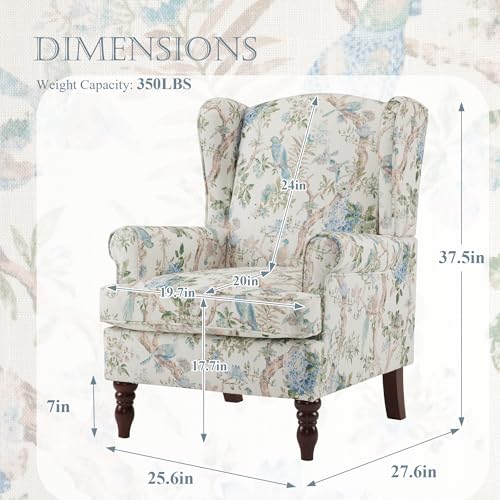 MELLCOM Floral Accent Chair, High Back Upholstered Armchair with Solid Legs, Leisure Single Sofa Chair for Living Room, Bedroom, Home Office