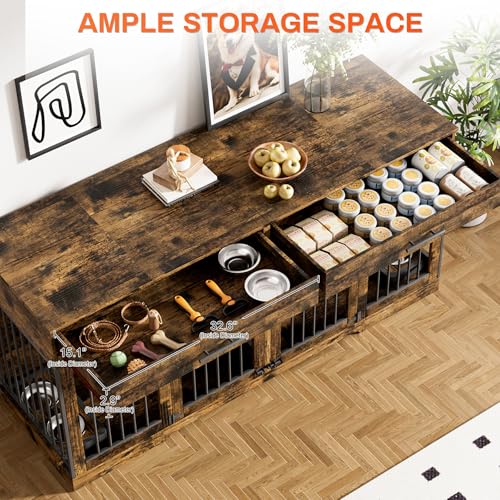 Rophefx 72" Dog Crate Furniture for 2 Dogs, Large Double Dog Kennel Indoor Furniture with 2 Storage Drawers and Removable Divider