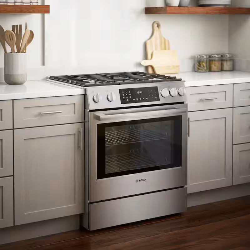 Benchmark Series 30 in. 4.6 cu. ft. Slide-In Dual Fuel Range with Gas Stove and Electric Oven in Stainless Steel