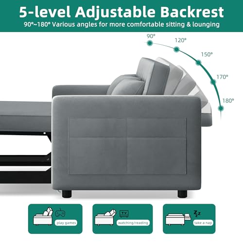 YITAHOME 55" Convertible Sofa Bed, 3-in-1 Sleeper Sofa with Pull-Out Bed, Velvet Futon Couch with Reclining Backrest and Side Pocket