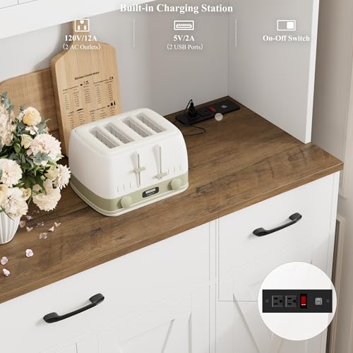 HOSTACK 71" Tall Kitchen Pantry Storage Cabinet with Charging Station, 55" Wide Kitchen Hutch Cabinet with Large Countertop