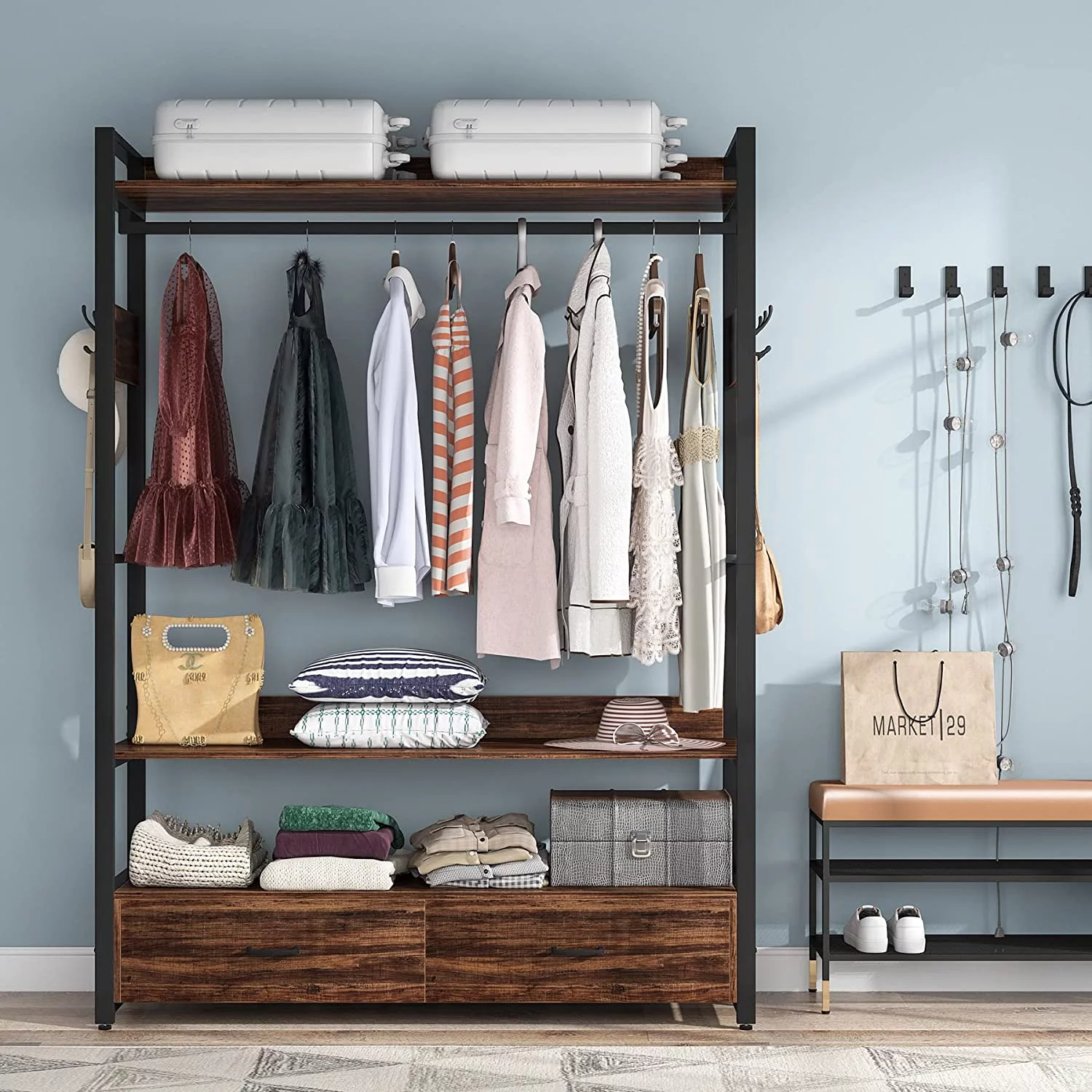Tribesigns Closet, Heavy Duty Clothes Rack with Shelves Hanging Rod and 2 Drawers for Bedroom, Rustic Brown