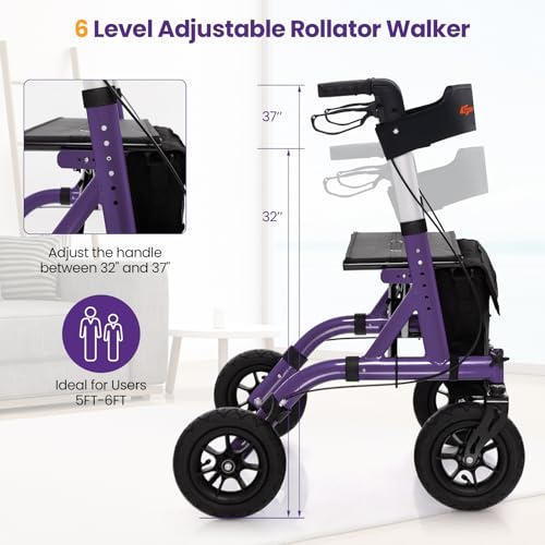 Goplus Rollator Walkers for Seniors with Seat, Foldable Rolling Walker with 9.5” All Terrain Pneumatic Wheel, Supports up to 350 lbs