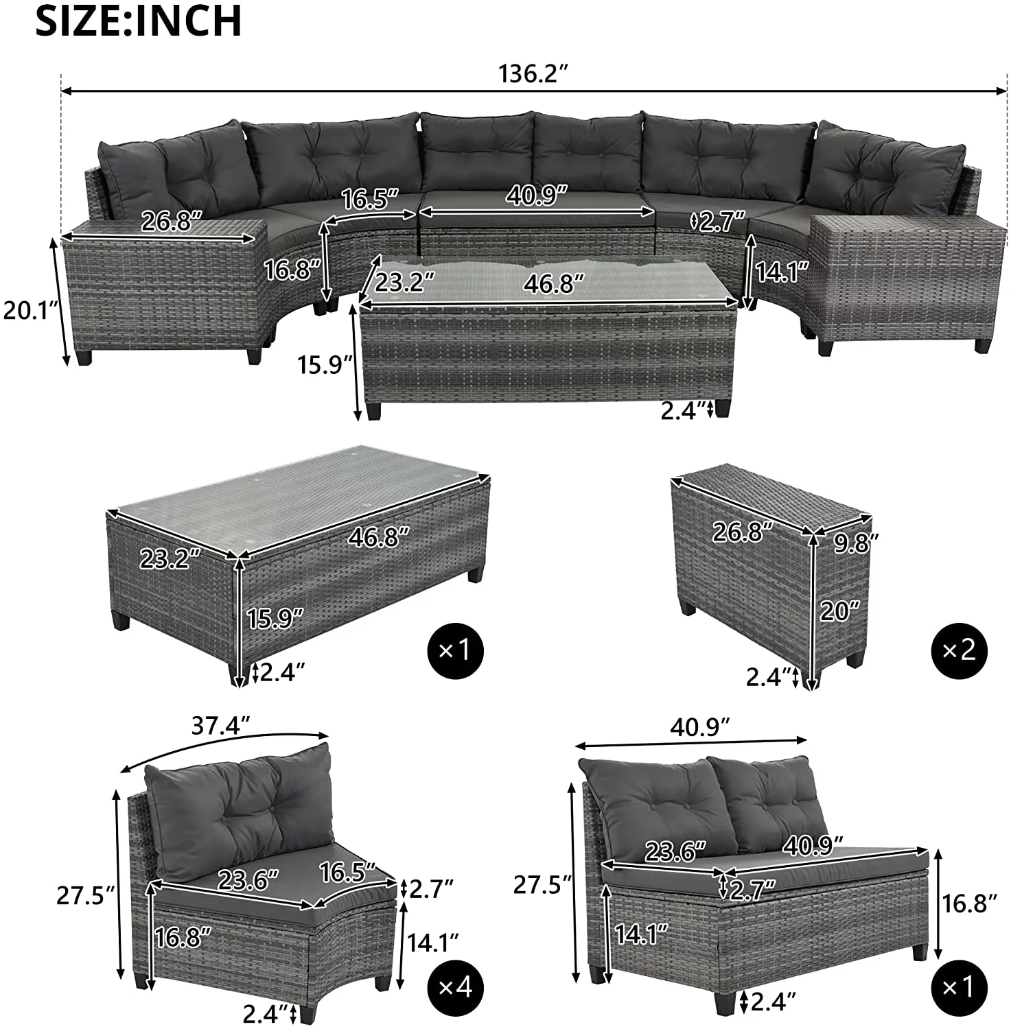VIRUBI 8-Piece Half-Moon Outdoor Sectional Furniture Cushioned Sofa Set with Rectangular Coffee Table and Side Tables