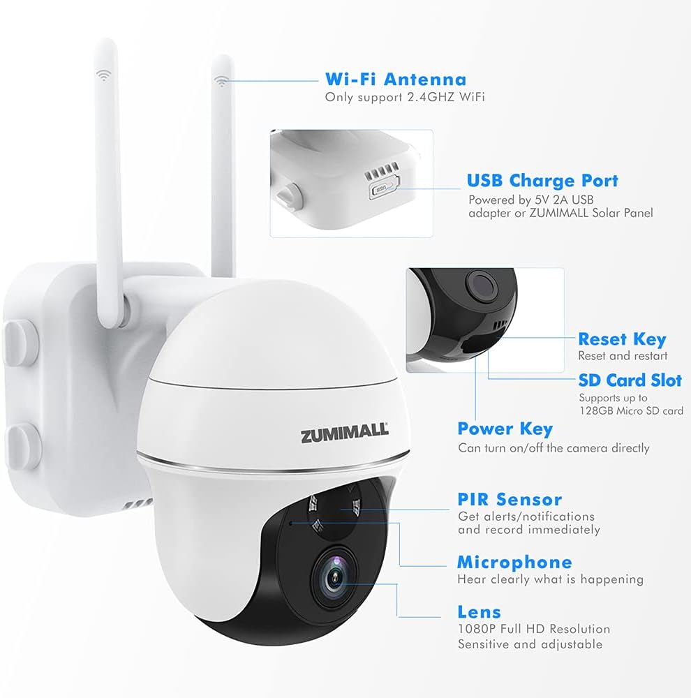 Zumimall Wireless Security Cameras, Outdoor WiFi Pan Tilt 360-degree Camera, Solar Rechargeable Battery Powered for Home Security