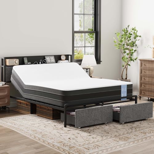 FLEXISPOT Queen Adjustable Bed + 12-inch Cooling Gel Memory Foam Mattress, Storage Headboard, Charging Station, Head Incline, LED Lighting