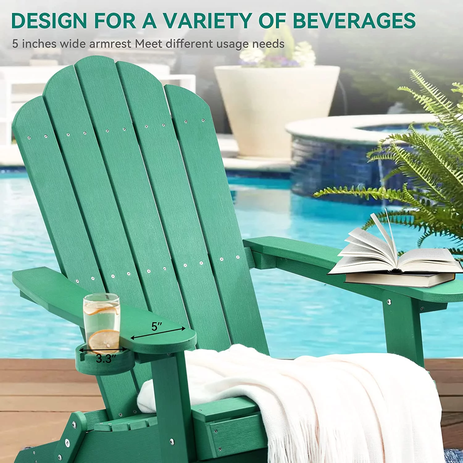DWVO Folding Adirondack Chair Set of 4, Heavy Duty Foldable Plastic Outdoor Chairs with Rotatable Cup Holder