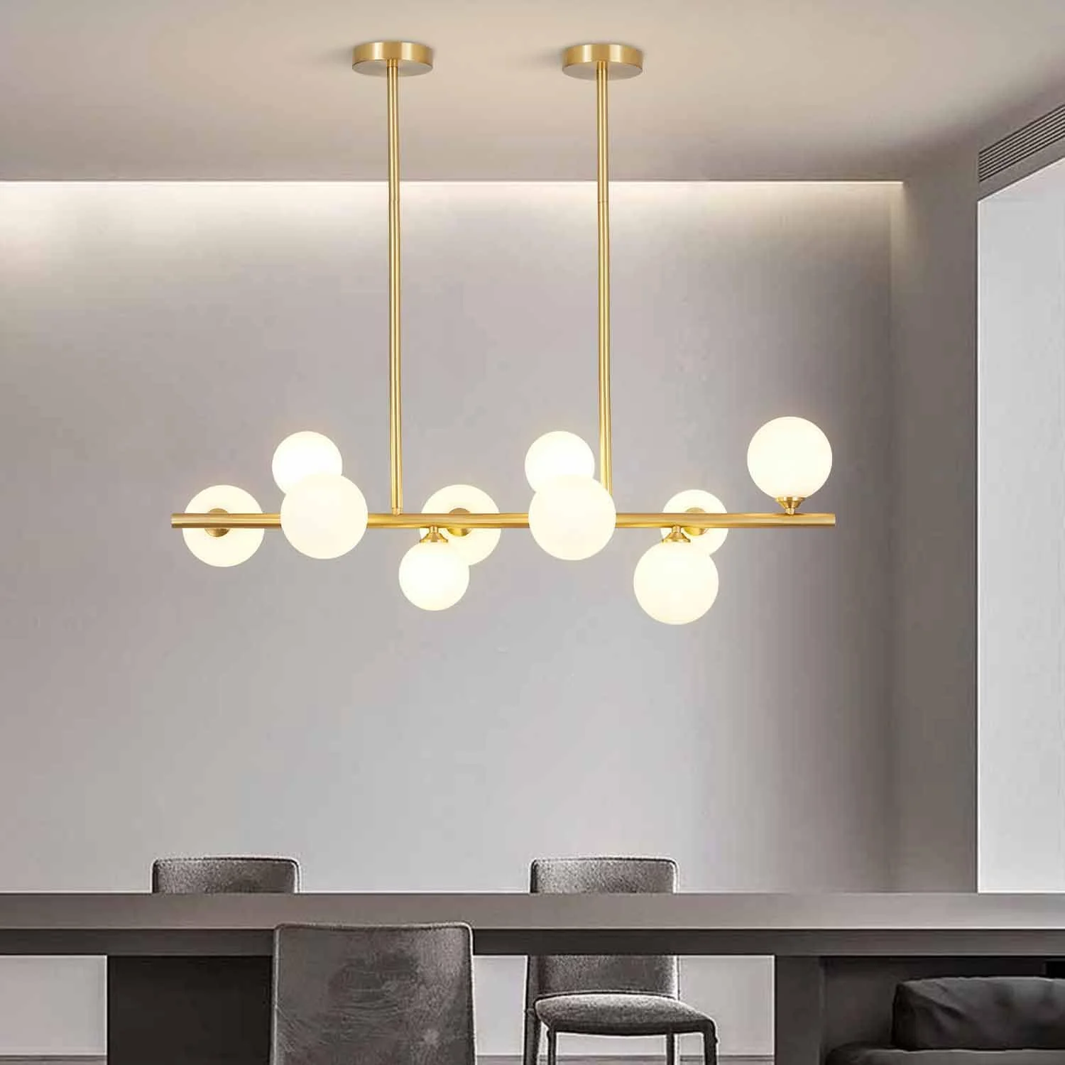 WANHUI Modern Gold Globe Sputnik Chandelier Mid Century Brass Linear Chandelier 10-Lights Frosted White Glass Ball Pendant Light Ceiling Lamp Dining