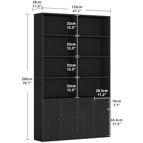IRONCK 78.7" Bookcase with 4 Drawers and 4 Doors, 6 Tier Large Bookshelf with Storage, Floor Standing Display Storage Shelves