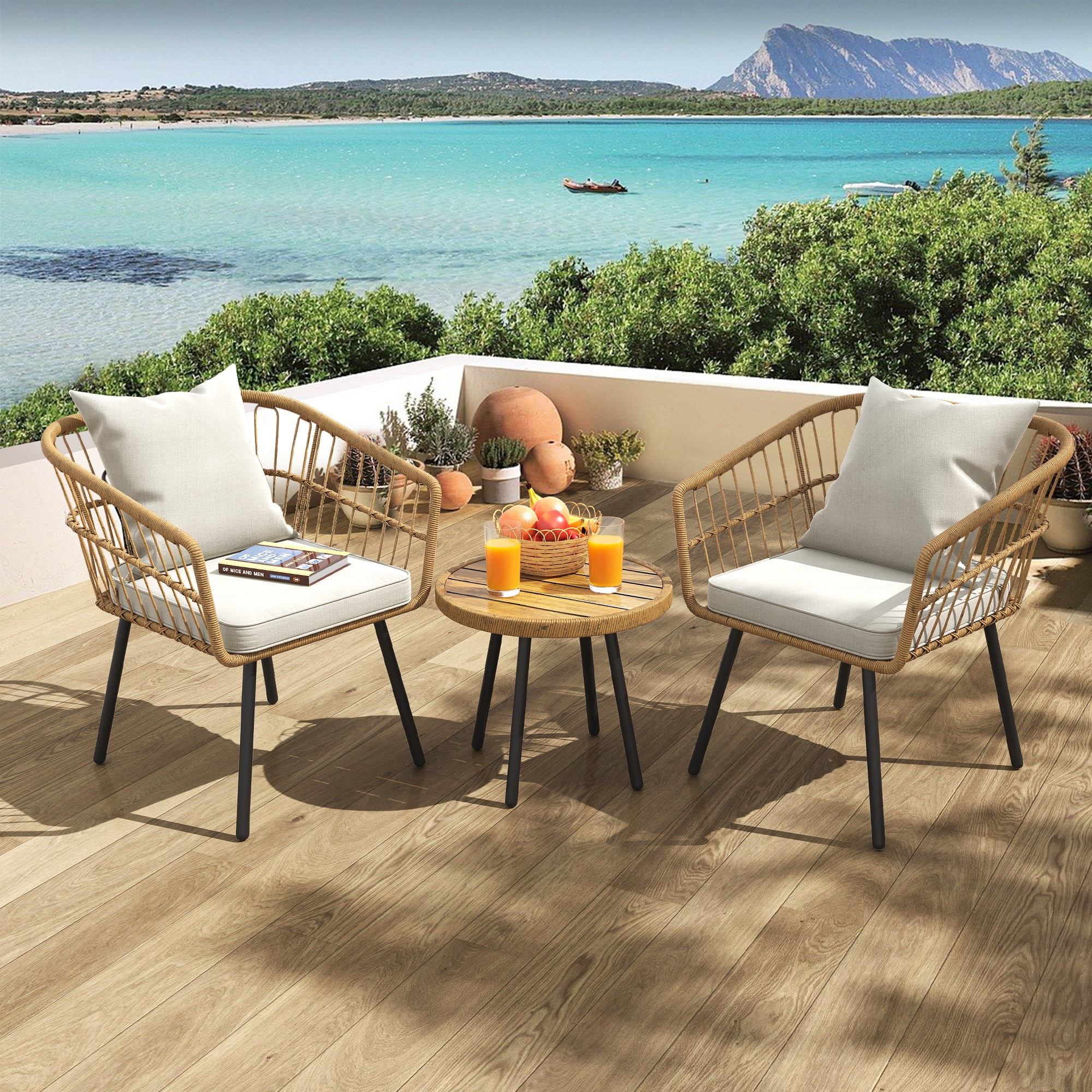 Dextrus 3 Piece Outdoor Wicker Furniture Patio Bistro Set, PE Rattan Wicker Chairs Set with Table and Cushions