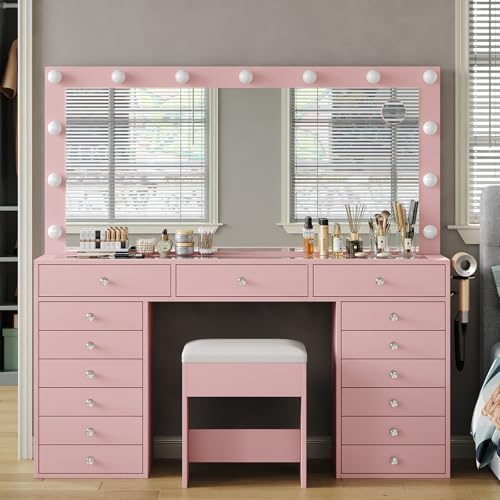 55" W Vanity Desk, Makeup Vanity with Charging Station, 15 Drawers with Lighted Mirror, 3 Lighting Modes, Brightness Adjustable, Glass Top