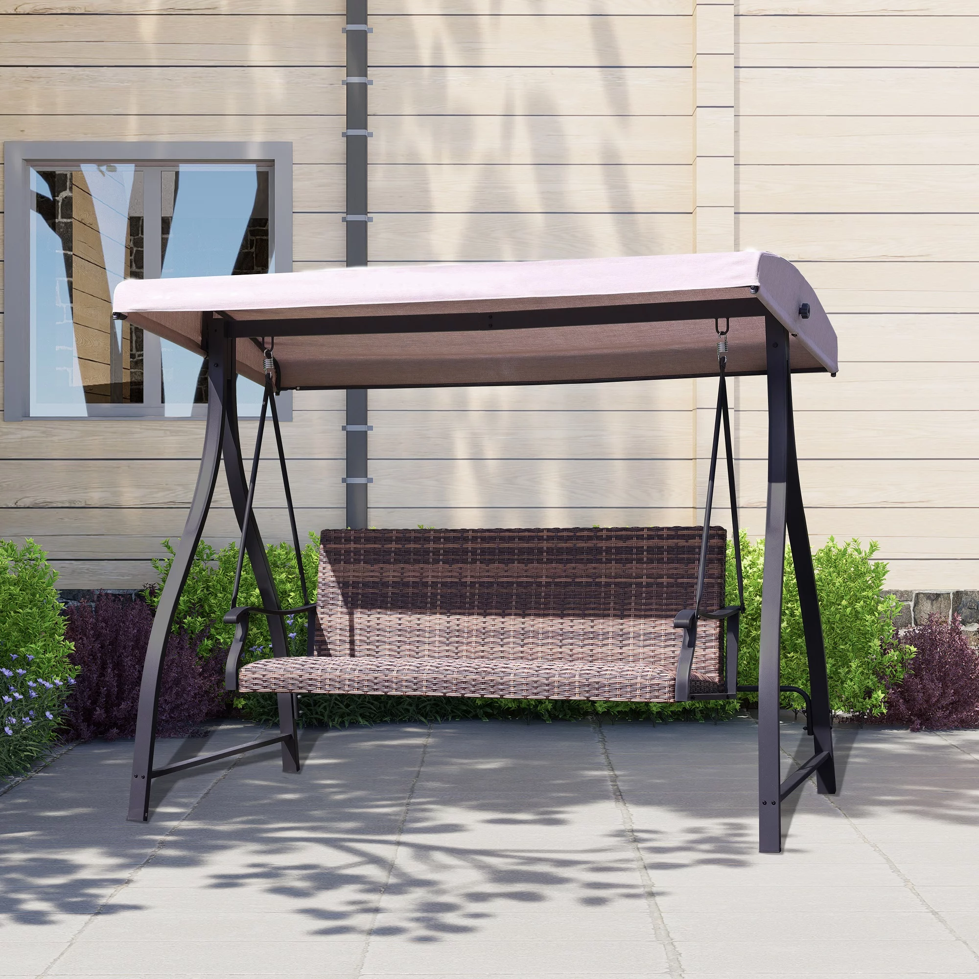 Aoodor-3-Seat Outdoor Rattan Patio Swing with Adjustable Brown Canopy, Built-in Quick-drying Foam Seat, Rattan Wicker, Rust-resistant Iron Frame