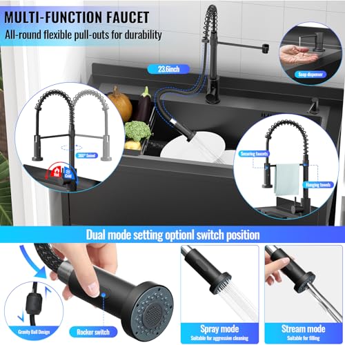 Stainless Steel Utility Sink, 36.6" × 24.2" × 36.6"Freestanding Sink with Cold and Hot Water Faucet,Hoses and Drain Kit for Kitchens, Bathrooms