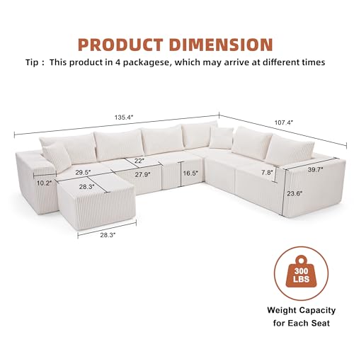 107.4" Cloud Couch Sectional, Modular Sofa with Deep Seat, Plush Corduroy L Shaped Boneless Couch, Convertible Sectional Couches for Living Room