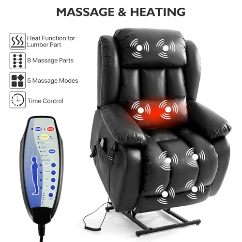 EDILLY Large Genuine Leather Power Lift Recliner Chairs for Elderly, Dual Motor with Massage and Heating,Double Lumbar Cushion and Extended Footrest