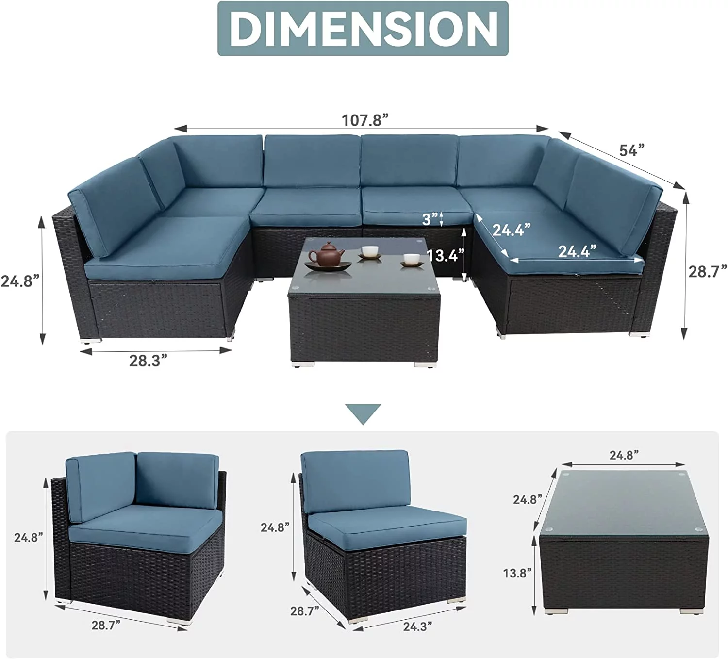 SUNCROWN 7-Pieces Outdoor Sectional Sofa Set Wicker Patio Furniture Conversation Set with Haze Blue Cushions