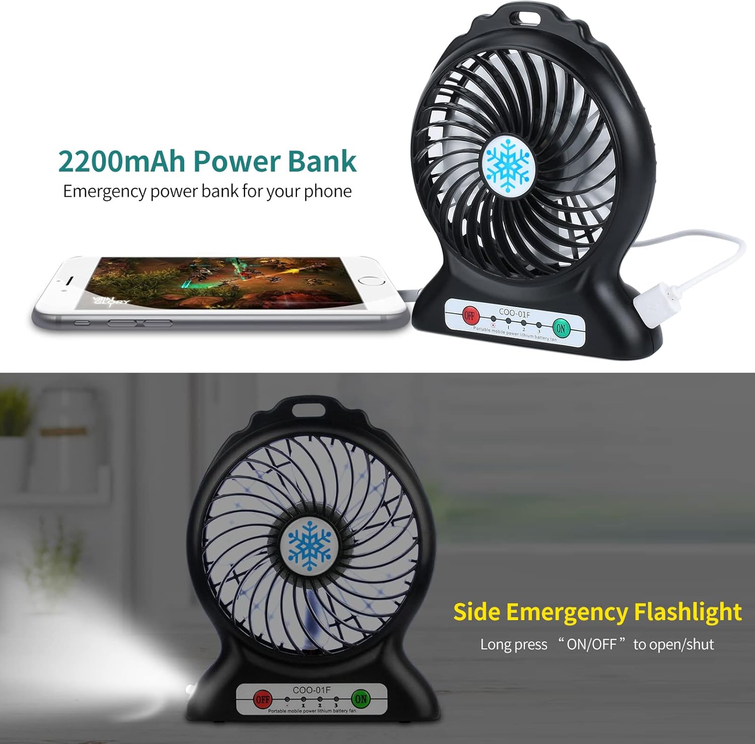 Portable Desk Fan Rechargeable,Portable Fan for Travel,Small Battery Operated USB Fan with Flashlight,2200mAh Power Bank for Phone Charge