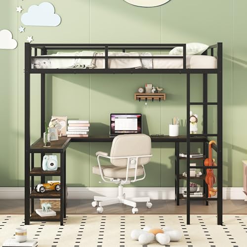 Harper & Bright Designs Full Size Loft Bed with Wardrobe and L-Shaped Desk, Metal Loft Bed with Storage Cubes, Cabinet, Shelves for Kids Teens, White