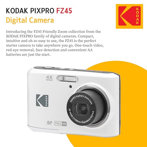 KODAK PIXPRO FZ45 16MP Digital Camera with 4X Optical Zoom 27mm Wide Angle and 2.7" LCD Screen Bundle with 32GB SD Memory Card, AA Batteries (4 Pack)