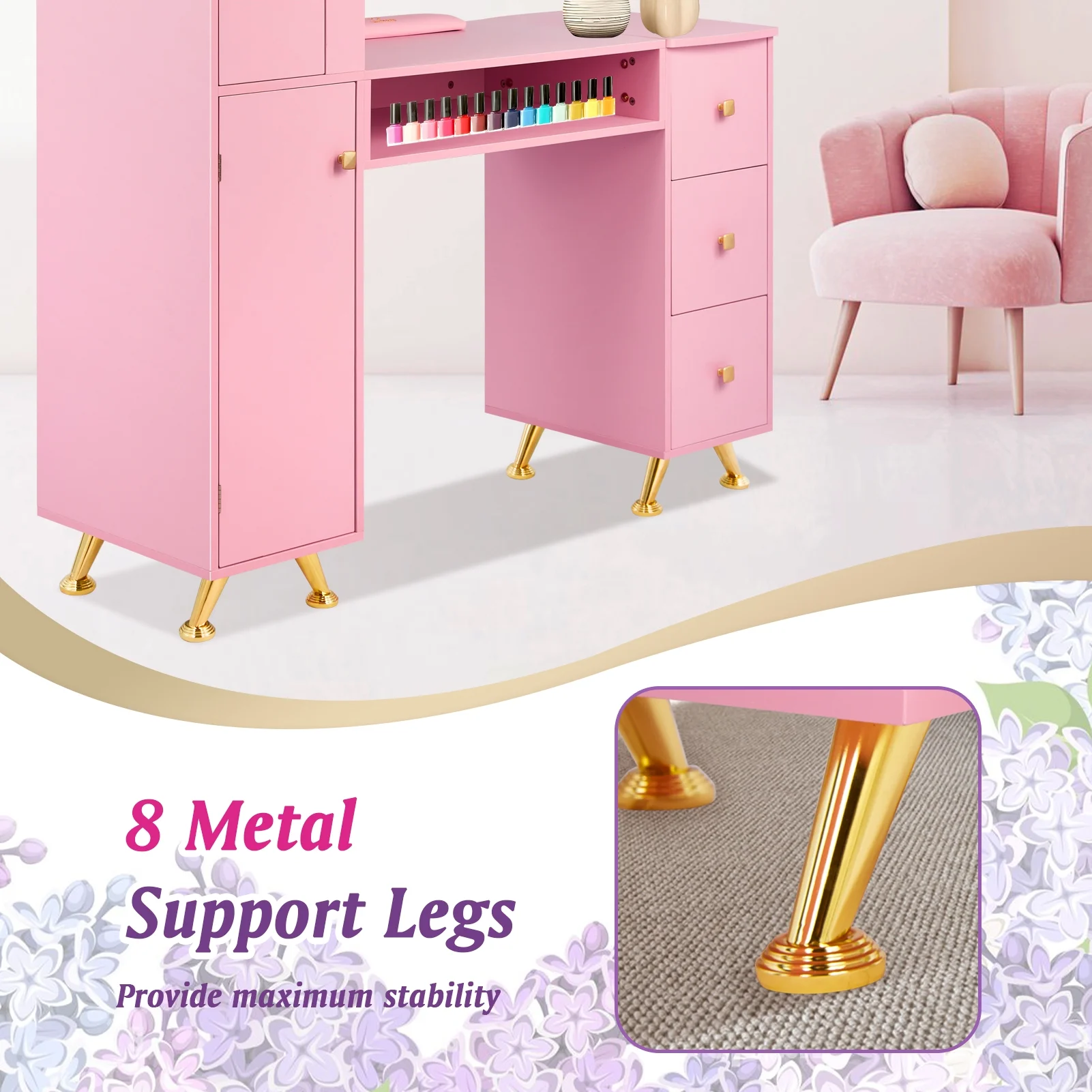 LUXMARS Manicure Table Nail Table for Technician w/Wrist Rest & Plastic Table Mat, Acetone Resistant Nail Desk Station w/Large Capacity Storage Space