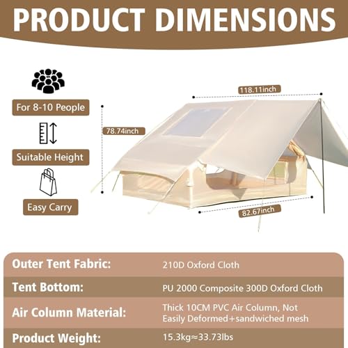 Inflatable Camping Tent with Pump, Upgraded Waterproof Windproof Glamping Blow Up Tent, Easy Setup 4 Season Air Cabin House with Mesh Windows & Door