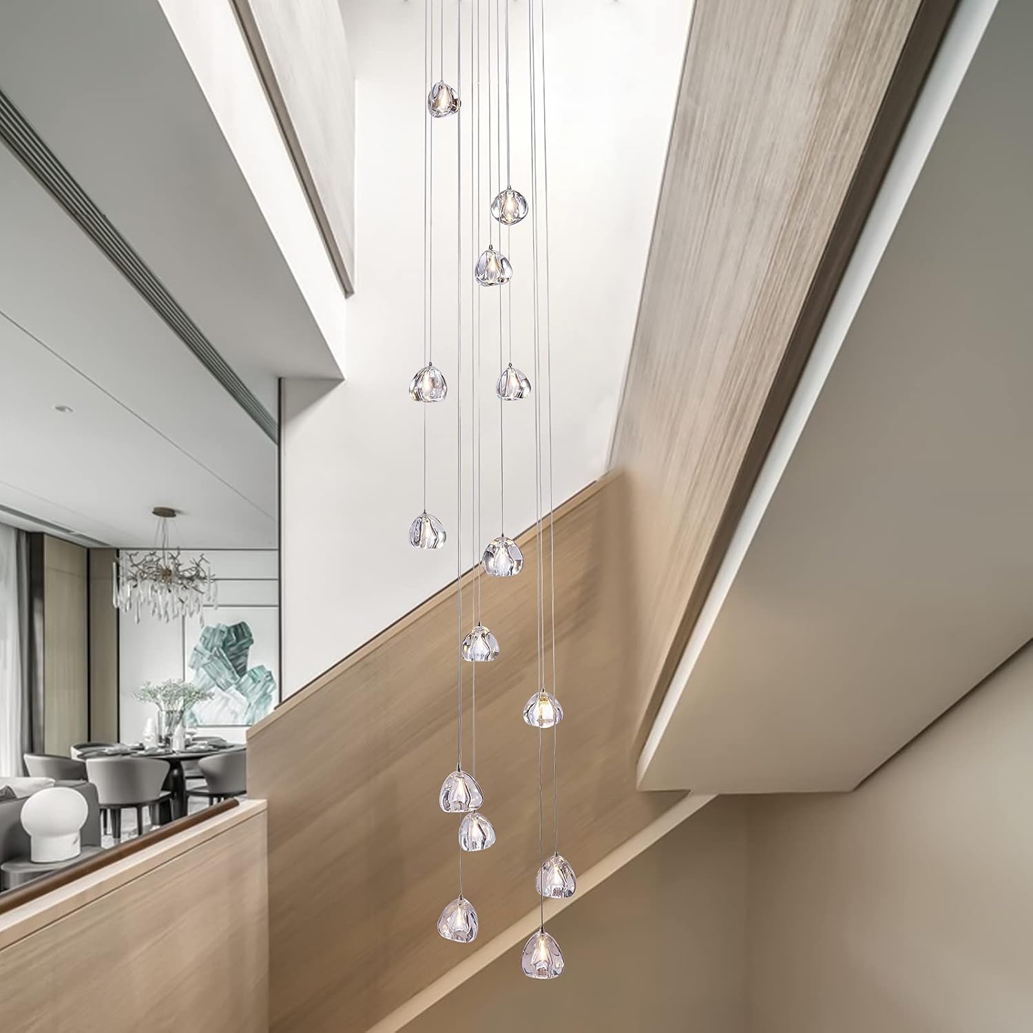 Modern Crystal Chandelier High Ceiling Long Raindrop Ceiling Light 7-Lights Large Foyer Chandelier for Staircase Living Room Entryway G4 Bulb H98.4 x