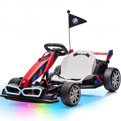 Electric Go Kart with Adjustable Seat, 24V Licensed BMW Drift Kart with Dual 200W Motors, Crazy Go Cart for Kids Ages 6-12, LED Lights