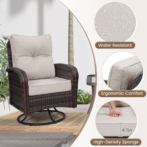 3 Piece Rattan Wicker Bistro Set, Outdoor Conversation Furniture Set with Glass Top Table, Space Saving for Balcony, Backyard, Natural