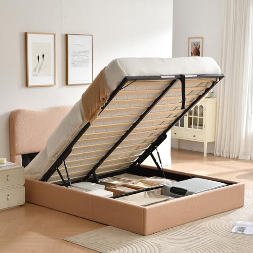 VELOCAVA Queen Size Lift-Up Storage Bed, Upholstered Boucle Bed with Curved Headboard, Rounded Corners, Sturdy Wooden Slat Support