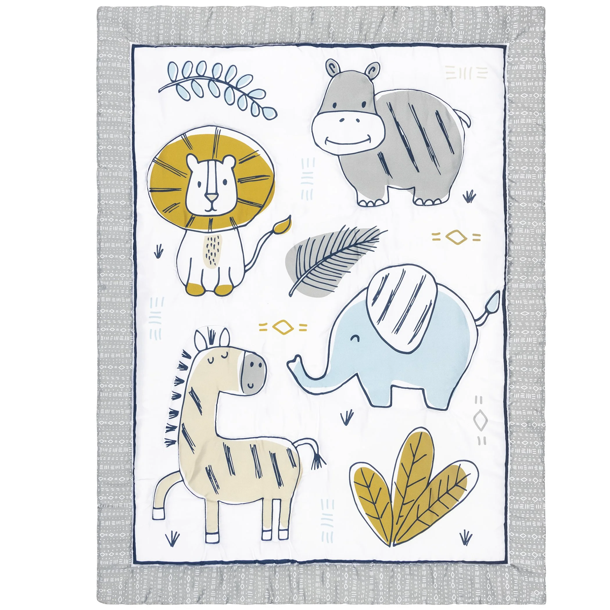 Sammy & Lou Zambia 4 Piece Crib Bedding Set. White, Tan, Orange, Blue, Navy and Gray Set is 100% Microfiber