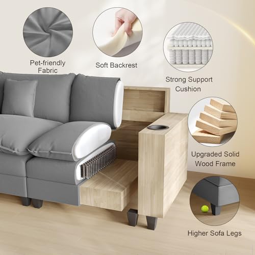 Modular Sectional Sofa, Cloud Couch with Ottoman, Charging Station, Throw Pillows, Cup Holders, Modern Convertible U Shaped Couches for Living Room
