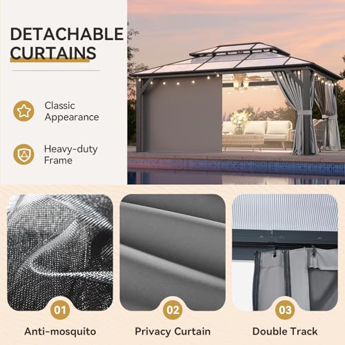Aoxun 12'x16' Hardtop Gazebo, Aluminum Frame Permanent Pavilion with Netting and Curtains, Outdoor Polycarbonate Double Roof Canopy