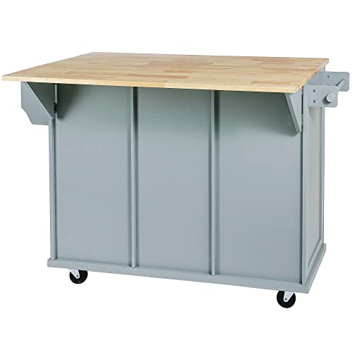 Farmhouse Kitchen Island with Power Outlet, Drop Leaf, Spice Rack and Drawer,Rolling Kitchen Cart on Wheels