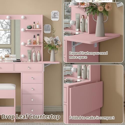 55" W Vanity Desk, Makeup Vanity with Charging Station, 15 Drawers with Lighted Mirror, 3 Lighting Modes, Brightness Adjustable, Glass Top