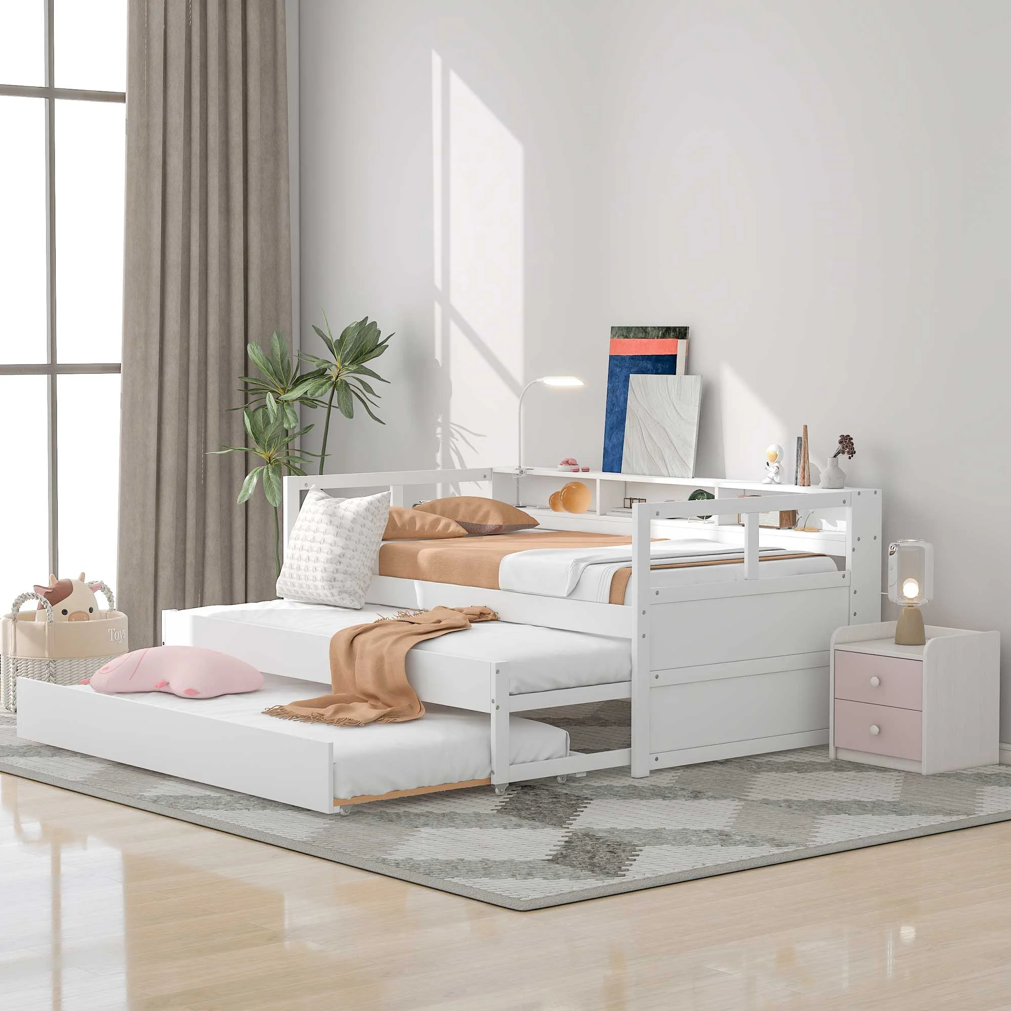 EUROCO Twin Platform Bed with Storage Shelf, Convertible Daybed with Night Light and USB Charging for Kids Teens Adults, 3 Beds in One, White