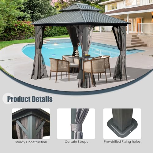 Domi 10' x 10' Hardtop Gazebo Outdoor Metal Gazebo with Galvanized Steel Double Roof Canopy, Curtains and Netting for Patio, Backyard, Deck