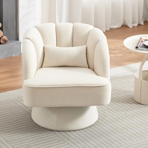 GarveeHome Modern Swivel Barrel Accent Chair, 360° Teddy Fabric Upholstered Armchair with Striped Backrest & Plush Padding