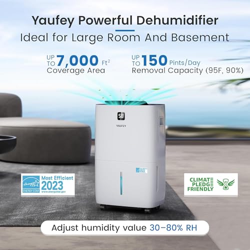 Yaufey 2500 Sq. Ft Home Dehumidifier for Medium to Large Rooms and Basements with Auto or Manual Drainage, 0.48 Gallon Water Tank Capacity