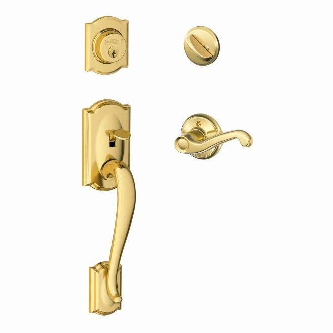 Schlage F60CAM605FLALH Camelot Single Cylinder Handleset with Flair Lever Finish: Bright Brass, Handle Orientation: Left Hand