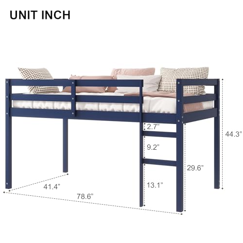 Low Loft Bed Twin Size, Kids Solid Wood Modern Loft Bed Frame with Ladder and Safety Guardrail for Girls Boys, Noise-Free,Non-Toxic Finishes