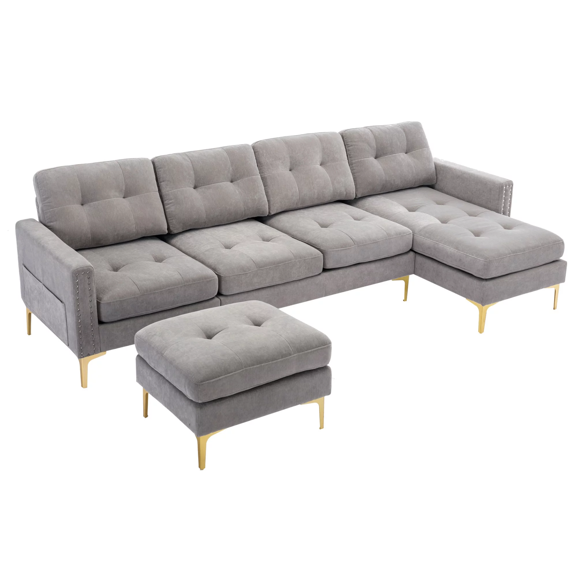 Soges U-Shaped Sectional Sofa with Ottoman, Convertible Couch for Living Room, 5 Seater Sofa, Gray, 110"x54"