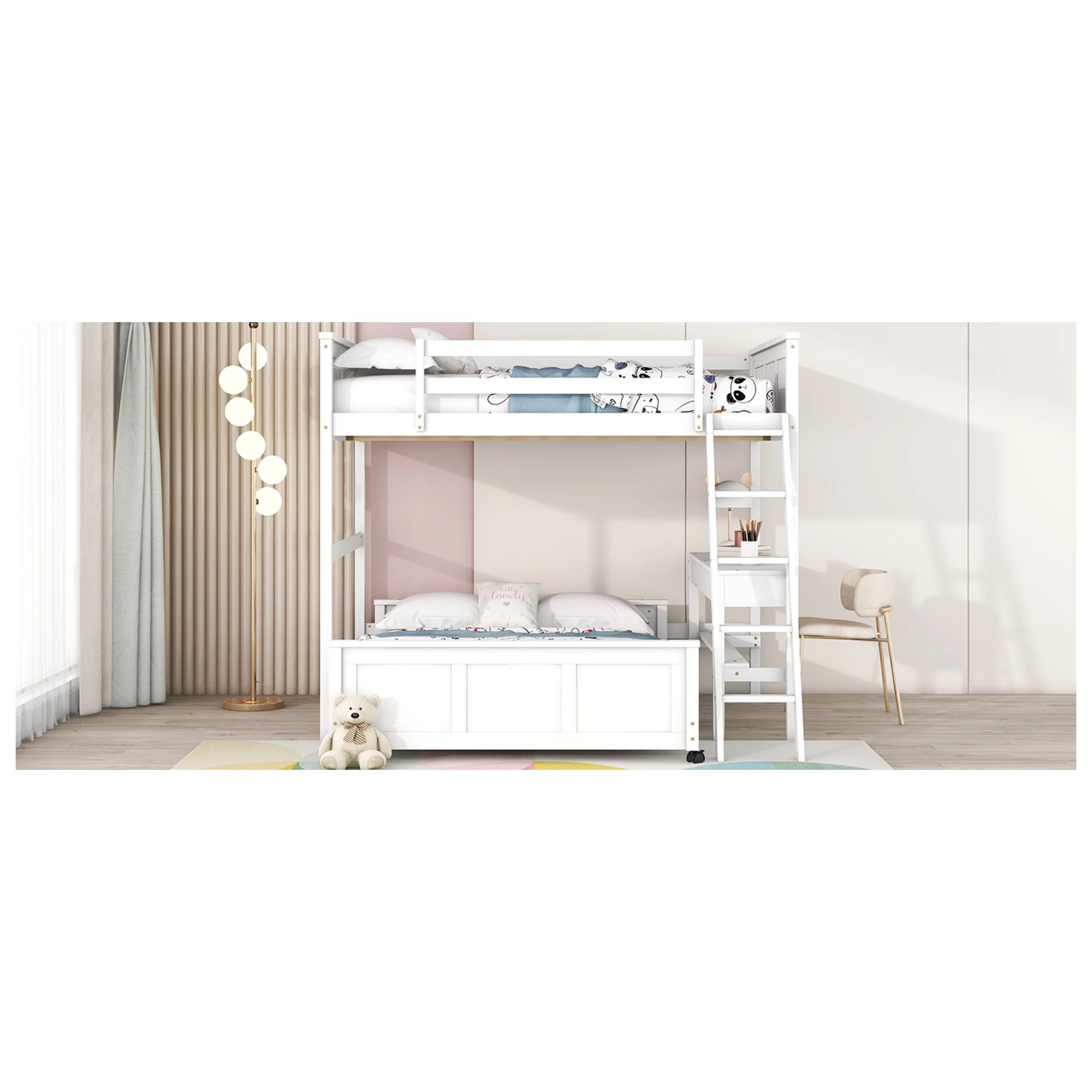 Full Over Full Bunk Bed with Desk, White