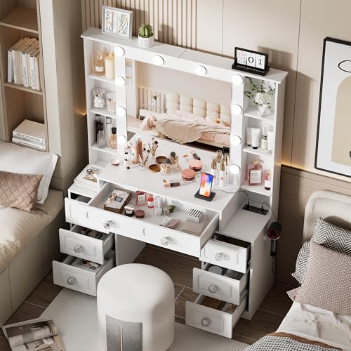 Farmhouse Makeup Vanity with Lighted Mirror & Charging Station, Vanity Desk Dresser Table with 3 Lighting Modes Brightness Adjustable,Drawers