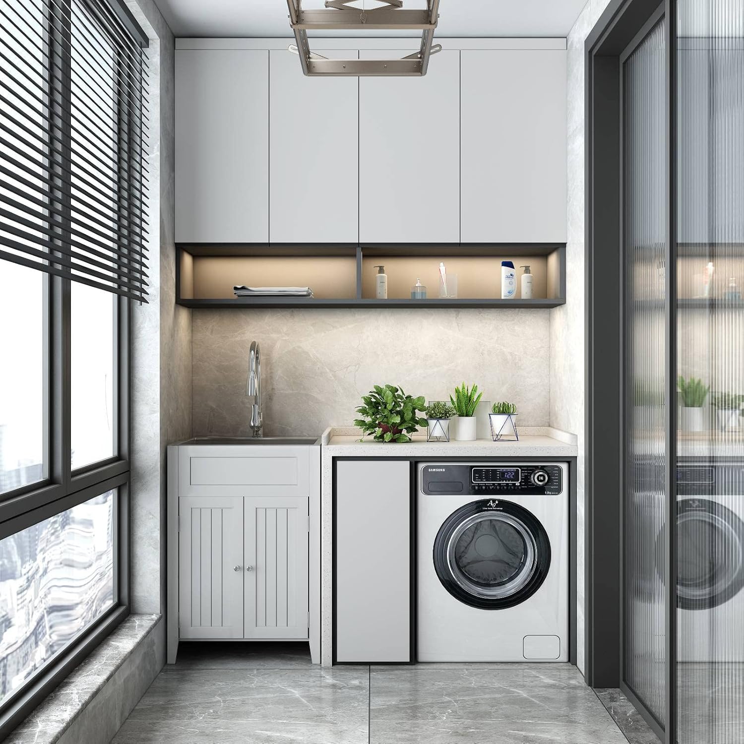 VINGLI 24-Inch Laundry Sink with Cabinet Stainless Steel Sink Faucet White Cabinet Combo for Laundry Room, Bathroom and Kitchen
