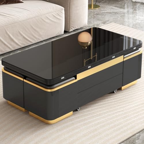 3-in-1 Multi-Functional Coffee Table with Glass Tabletop, Lift Top Center Table with 4 Storage Stools, Expandable Dining Table for Living Room