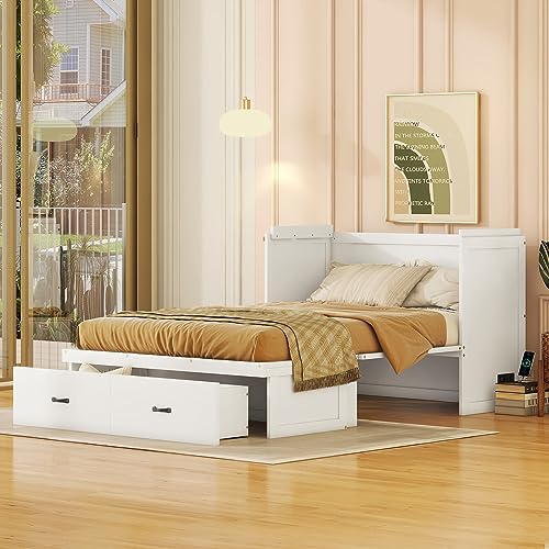 Queen Size Murphy Bed Wall Beds with Storage Shelves,Hide Away Bed Frame Easily Folds into Wood Cabinet,W/Mattress Holder,for Small Space,Guest Room