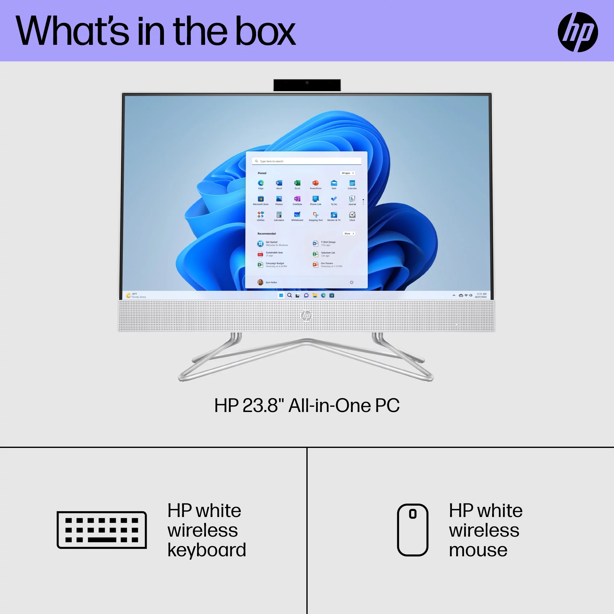 HP 23.8" Touch FHD All-in-One PC, Intel Core i3-1115G4, 8GB SDRAM, 256GB SSD, Snow White, Windows 11 Home, 24-df1053w